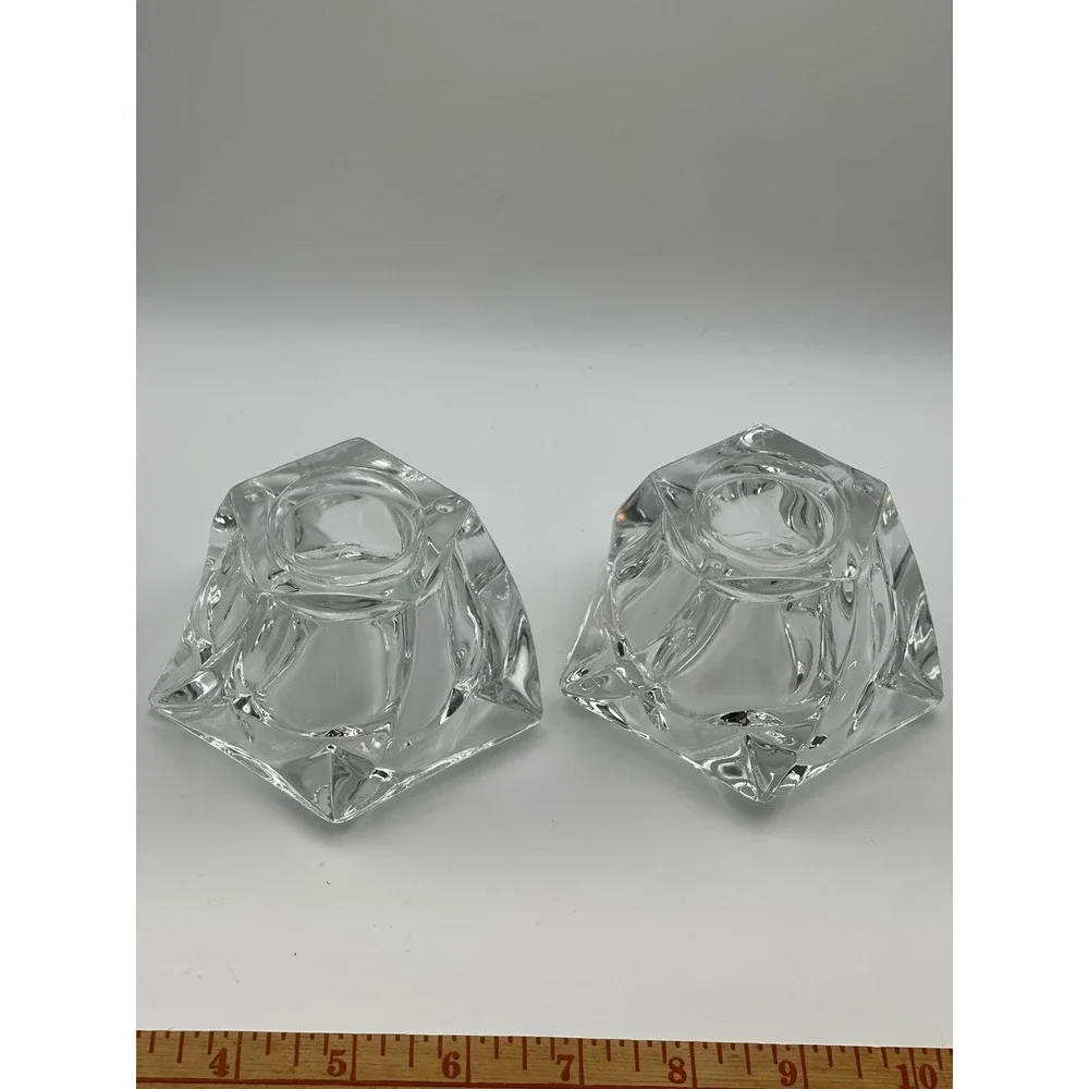 PartyLite Crystal Votive Candle Holders Pair Heavy Faceted Geometric Glass Chip*